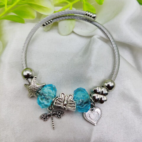Imported Elegant Pandora-Inspired Silver Charm Bracelet with Ocean Blue Beads & Delicate Charms| Best Quality Bracelet For Girls & Women